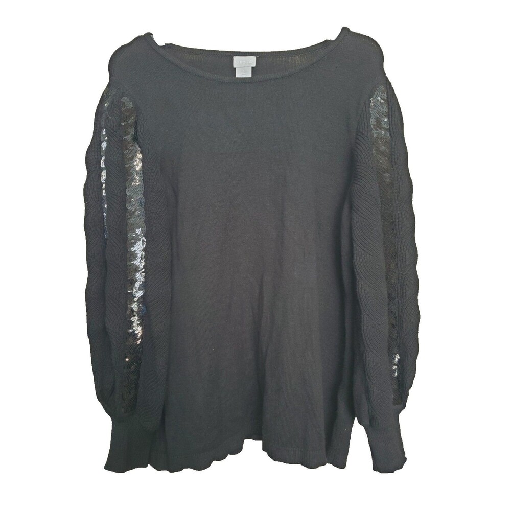 Chico's Black Sequined Sleeve Boat Neck Pullover Sweater Size 2 Large